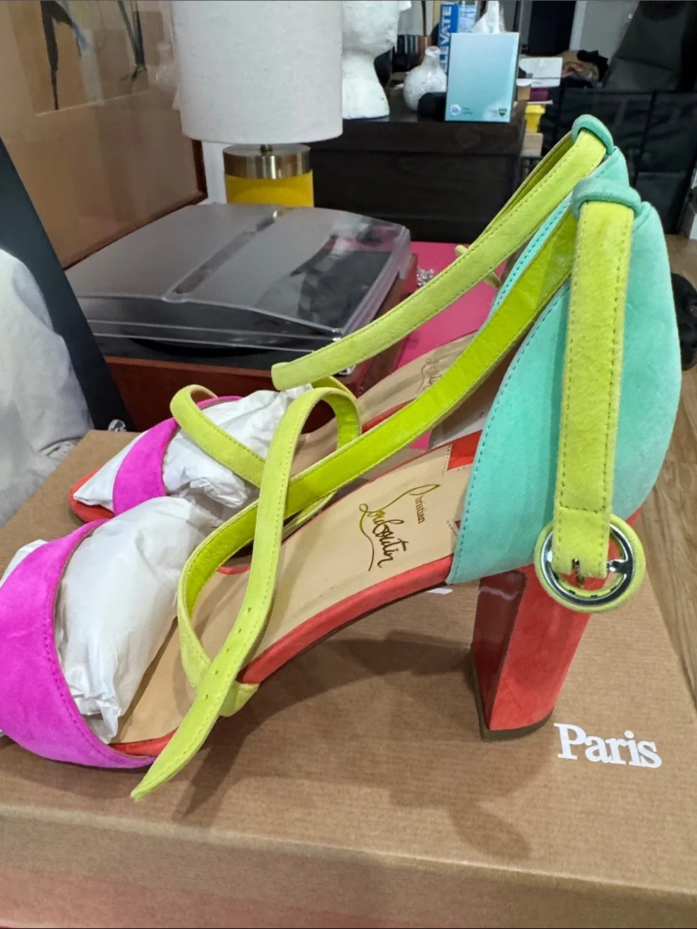 Christian Louboutin Multicolor Suede Block Heels - Pink, Green, Red, Yellow